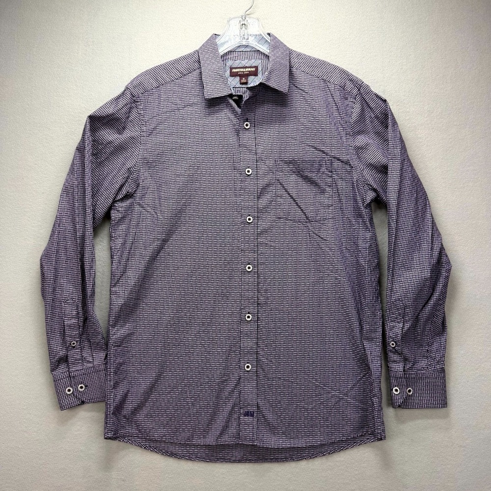 Johnston & Murphy Shirt Mens Medium Purple Woven Print Cotton Travel Button‎ Up